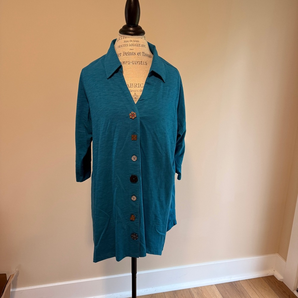 Soft Surroundings Women's Teal 3/4 Sleeve Decorative Button Up‎ Blouse Size 1x